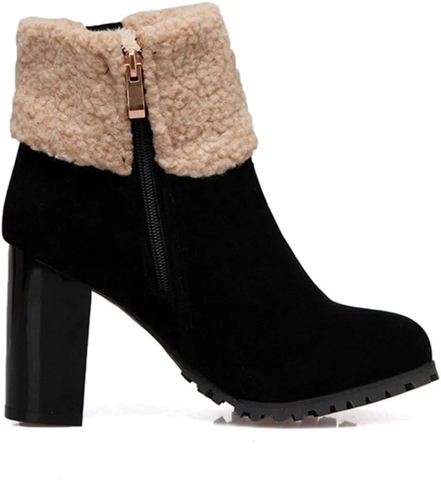 Alsoloveu Women Fold Down Ankle Boots Chunky Heel Closed Toe Booties with Faux Fur