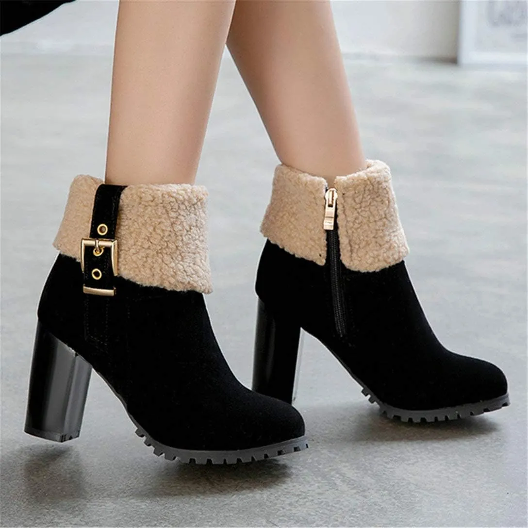 Alsoloveu Women Fold Down Ankle Boots Chunky Heel Closed Toe Booties with Faux Fur