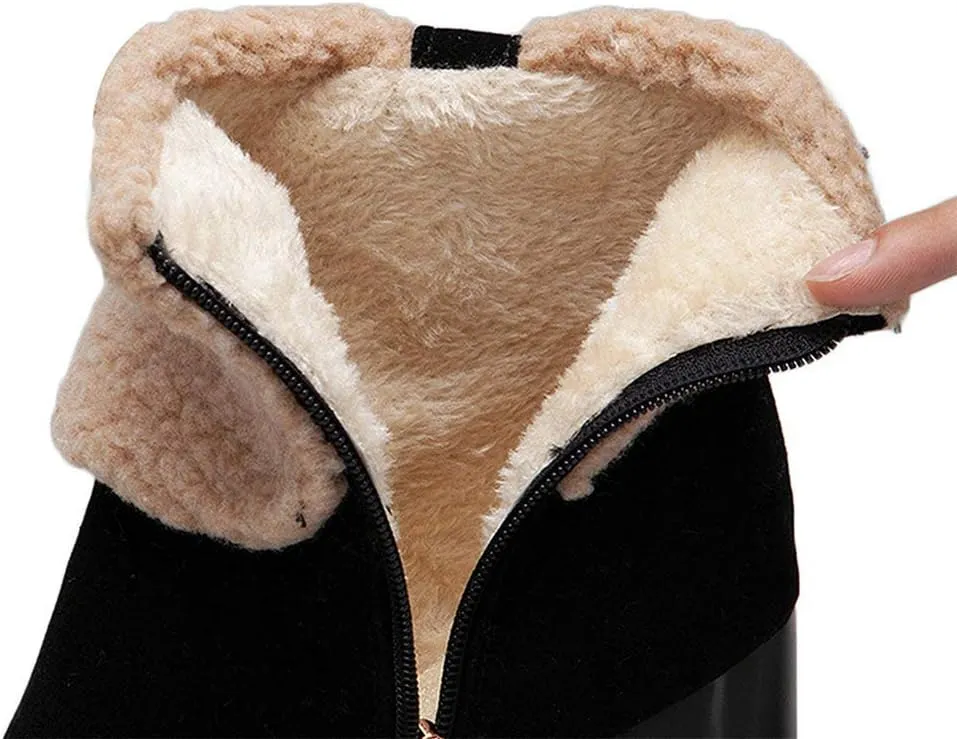 Alsoloveu Women Fold Down Ankle Boots Chunky Heel Closed Toe Booties with Faux Fur