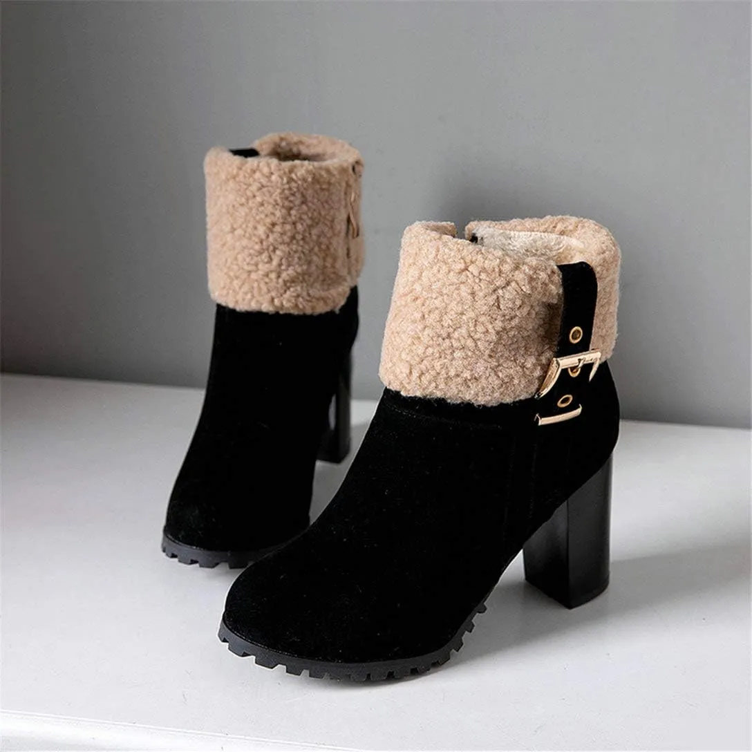 Alsoloveu Women Fold Down Ankle Boots Chunky Heel Closed Toe Booties with Faux Fur