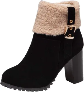 Alsoloveu Women Fold Down Ankle Boots Chunky Heel Closed Toe Booties with Faux Fur