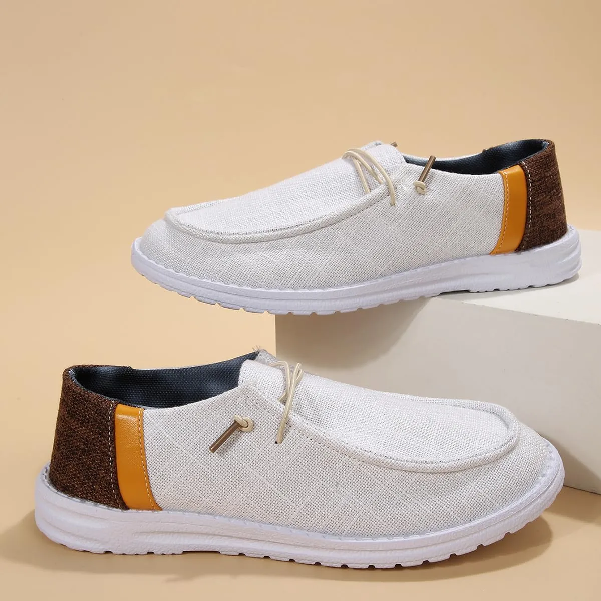 Casual Sneakers with Brown & Orange Heel Accents – Breathable Fabric Walking Shoes with Non-Slip Sole – Lightweight Loafers & Commuter Shoes for Men & Women