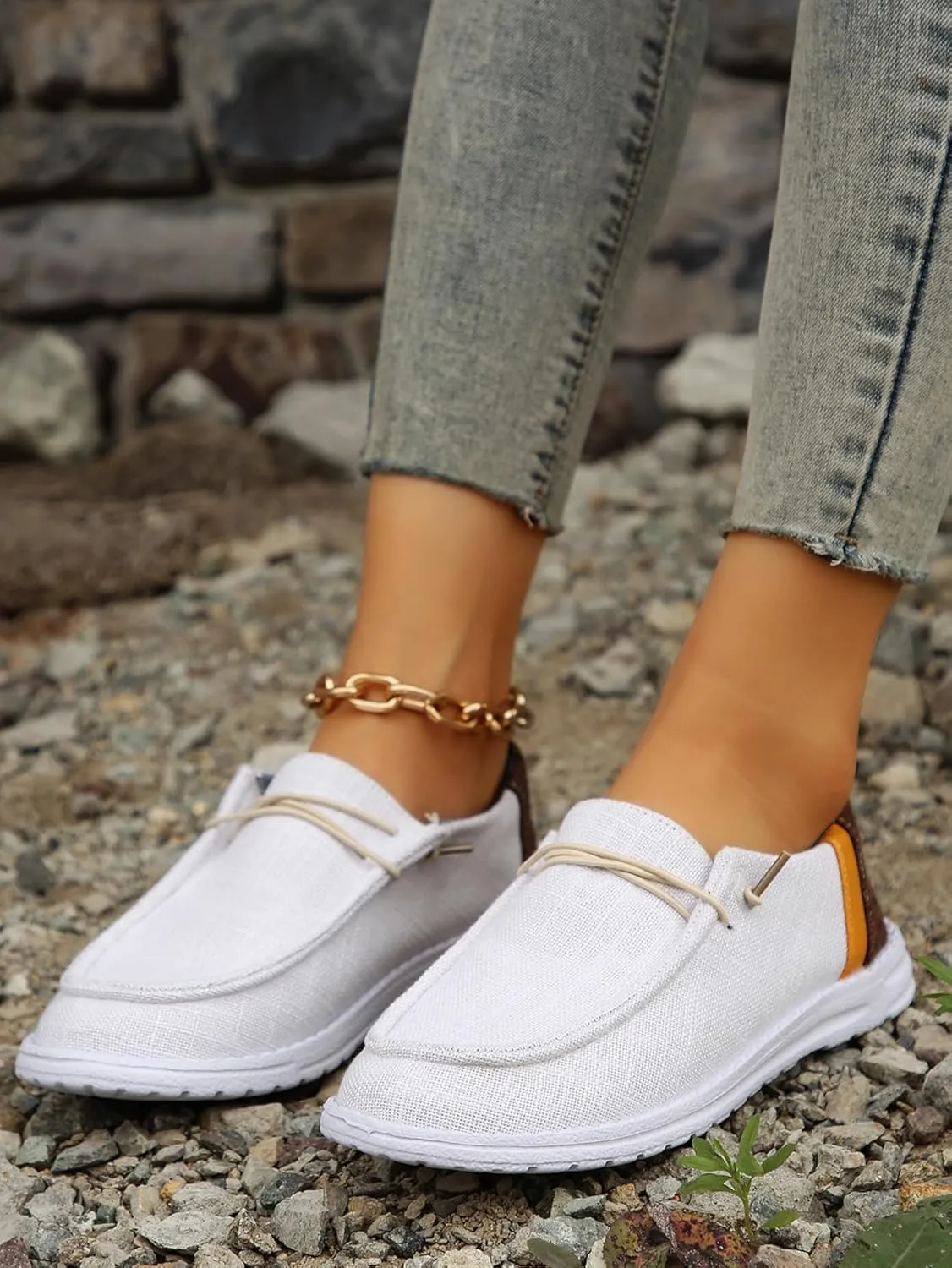 Casual Sneakers with Brown & Orange Heel Accents – Breathable Fabric Walking Shoes with Non-Slip Sole – Lightweight Loafers & Commuter Shoes for Men & Women