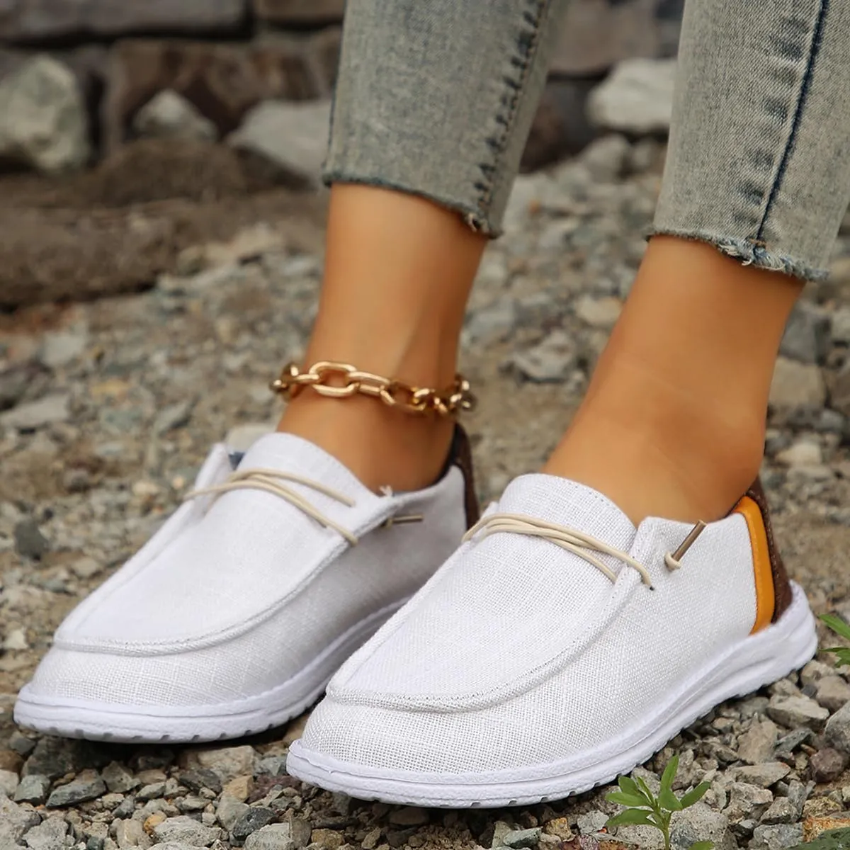 Casual Sneakers with Brown & Orange Heel Accents – Breathable Fabric Walking Shoes with Non-Slip Sole – Lightweight Loafers & Commuter Shoes for Men & Women