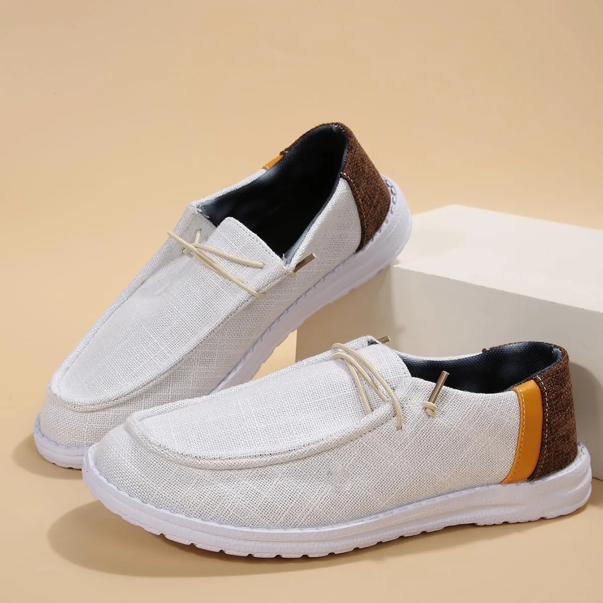 Casual Sneakers with Brown & Orange Heel Accents – Breathable Fabric Walking Shoes with Non-Slip Sole – Lightweight Loafers & Commuter Shoes for Men & Women