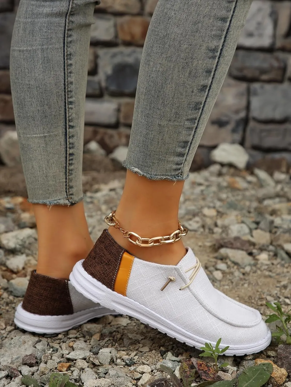 Casual Sneakers with Brown & Orange Heel Accents – Breathable Fabric Walking Shoes with Non-Slip Sole – Lightweight Loafers & Commuter Shoes for Men & Women