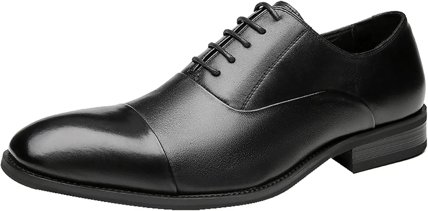 HOOENG Dress Shoes for Men Lace Up Cap Toe Breathable Round Toe Genuine Leather Low Top Anti-Slip Slip Resistant Party (Color : Black, Size : 8)