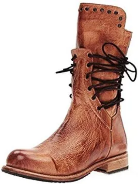 JITUUE Mid Calf Boots for Women Autumn Winter Fashion Block Low Heel Lace up Combat Riding Shoes High Booties Zipper Side Boots