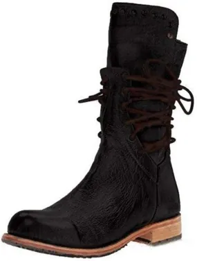 JITUUE Mid Calf Boots for Women Autumn Winter Fashion Block Low Heel Lace up Combat Riding Shoes High Booties Zipper Side Boots