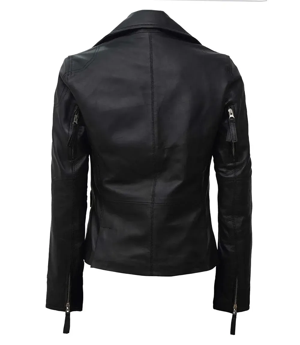 Ramsey Women Asymmetrical Black Biker Leather Jacket