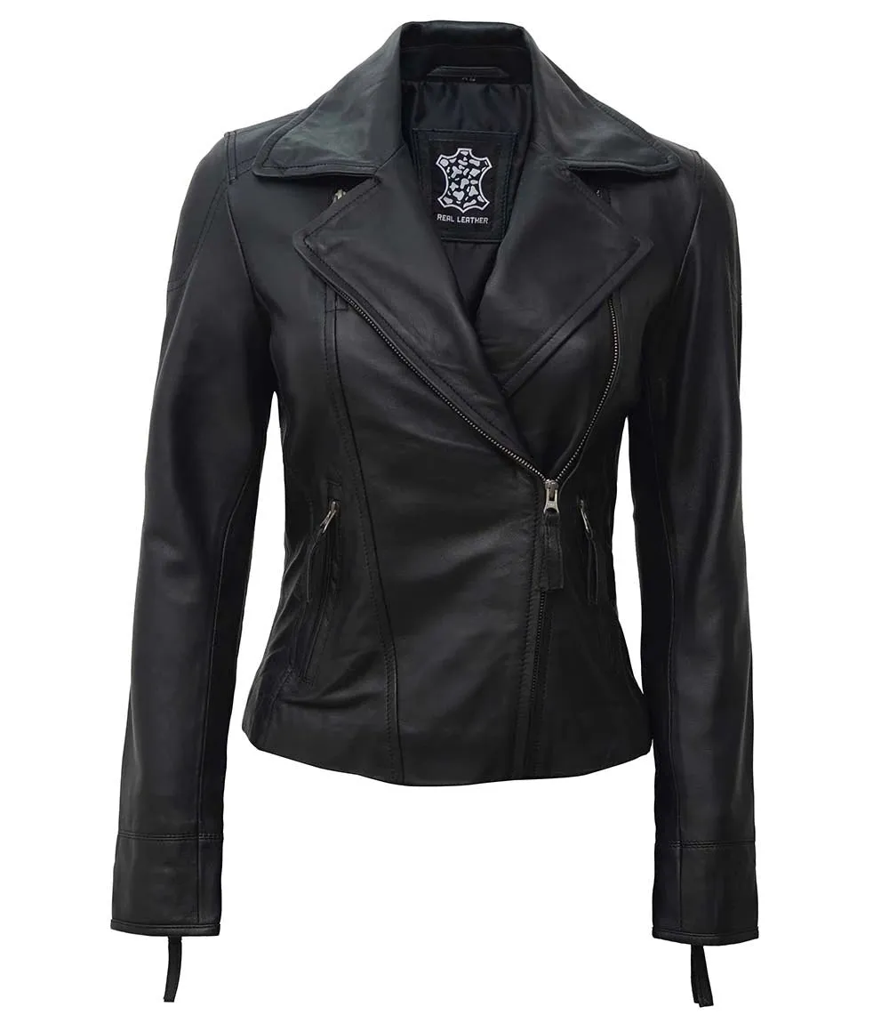 Ramsey Women Asymmetrical Black Biker Leather Jacket