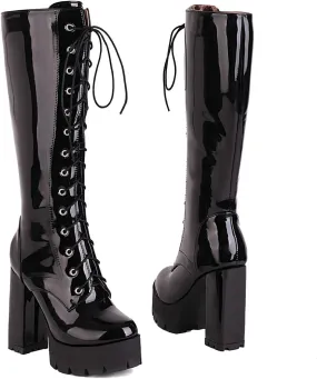 UniqueStride Womens Chunky Platform Knee High Boots High Heel Patent Leather Lace Up Round Toe Goth Boots
