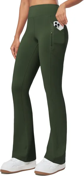 Willit Women's Fleece Lined Pants Thermal Leggings Winter Bootcut Yoga Pants Zipper Pockets Flare High Waist Water Resistant