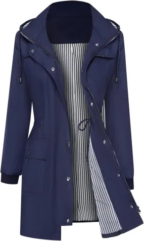 Windbreaker Jacket Women Mid Length Hooded Waterproof Cinch Waist Windproof Raincoat Cuffed Sleeve Rain Jackets
