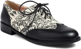 Women's Lace Up Leather Perforated Oxfords Round Toe Patchwork Low Block Chunky Heels Wingtip Brogues Shoes Casual Comfortable Derby Saddle Pumps