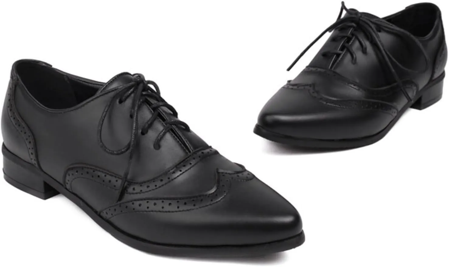 Women's Lace Up Leather Perforated Oxfords Sexy Pointed Toe Low Chunky Block Heels Wingtip Flat Brogues Comfortable Derby Saddle Pumps Shoes