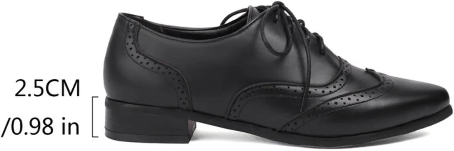 Women's Lace Up Leather Perforated Oxfords Sexy Pointed Toe Low Chunky Block Heels Wingtip Flat Brogues Comfortable Derby Saddle Pumps Shoes