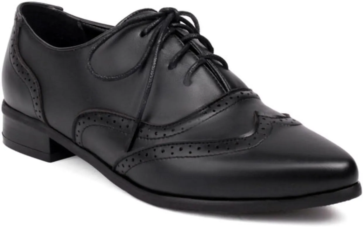 Women's Lace Up Leather Perforated Oxfords Sexy Pointed Toe Low Chunky Block Heels Wingtip Flat Brogues Comfortable Derby Saddle Pumps Shoes