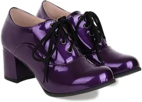 Women's Patent Leather Lace-Up Oxfords Shoes Round Toe Low Chunky Block Heels Comfortable Vintage Brogues Work Office Dress Pumps