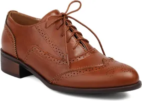 Women's Perforated Lace Up Oxfords Pumps Round Toe Low Chunky Heel Block Patchwork Wingtip Brogues Casual Comfortable Derby Saddle Shoes