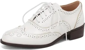 Women's Perforated Lace-Up Wingtip Oxfords Shoes Classic Patchwork Multicolor Leather Flat Brogues Round Toe Comfortable Low Block Heel Derby Saddle Pumps