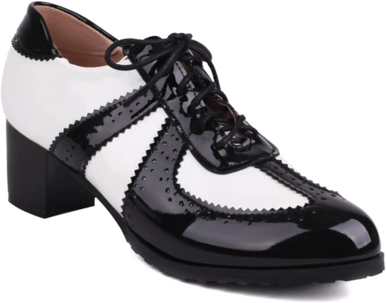 Women's Round Toe Lace-Up Leather Perforated Oxfords Mid Block Chunky Heels Patchwork Brogues Classic Comfortable Wingtip Derby Saddle Pumps Shoes