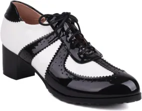 Women's Round Toe Lace-Up Leather Perforated Oxfords Mid Block Chunky Heels Patchwork Brogues Classic Comfortable Wingtip Derby Saddle Pumps Shoes