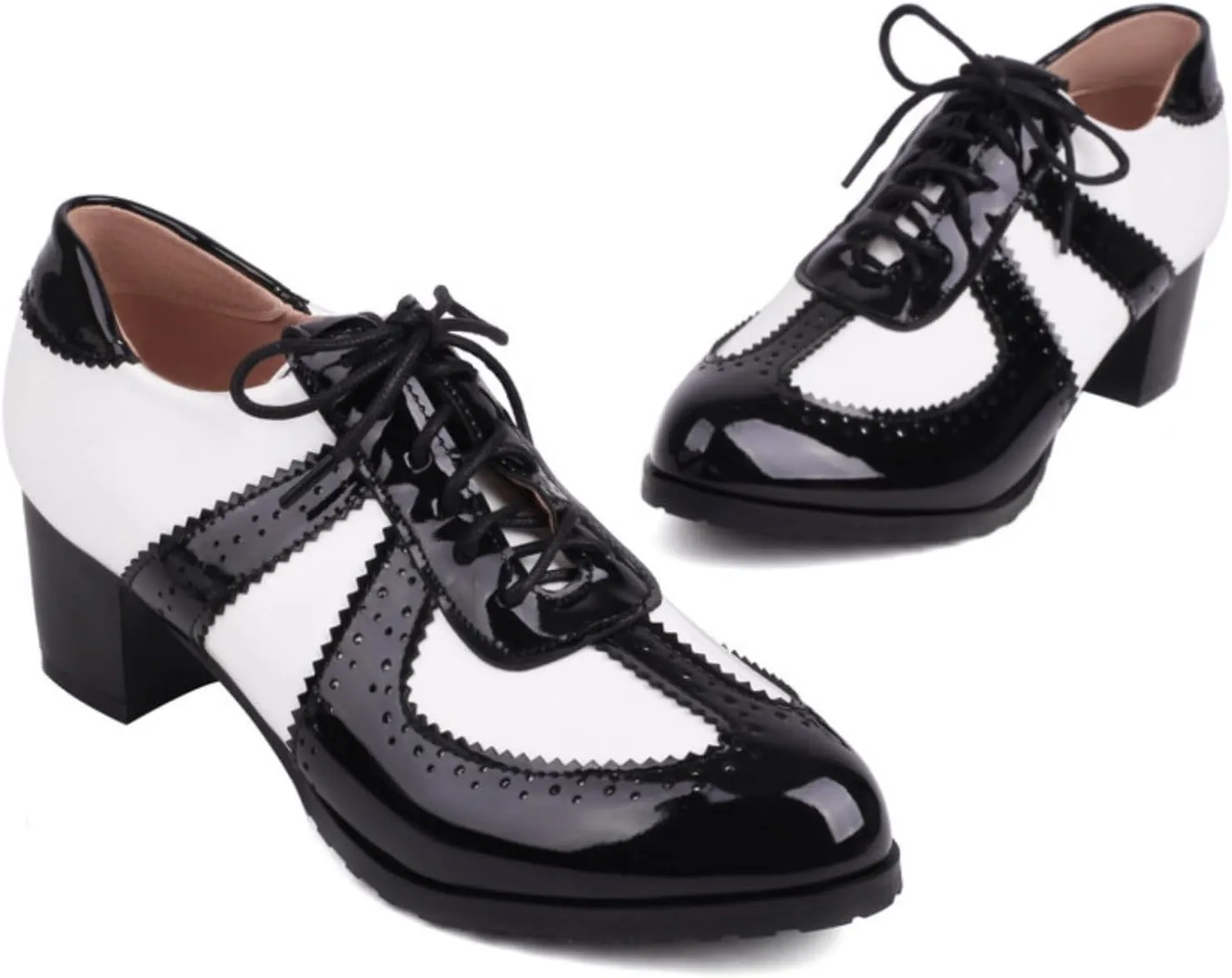 Women's Round Toe Lace-Up Leather Perforated Oxfords Mid Block Chunky Heels Patchwork Brogues Classic Comfortable Wingtip Derby Saddle Pumps Shoes