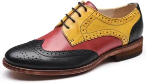 Women's Round Toe Low Heel Block Leather Oxfords Shoes Classic Comfortable Lace-Up Patchwork Multicolor Perforated Wingtip Brogues Derby Saddle Pumps