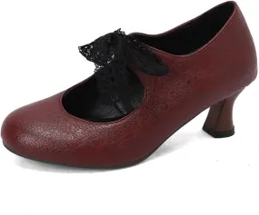 Women's Vintage Lace Up Hollow Out Mary Jane Pumps Closed Round Toe Low Kitten Chunky Heels Brogue Oxfords Shoes