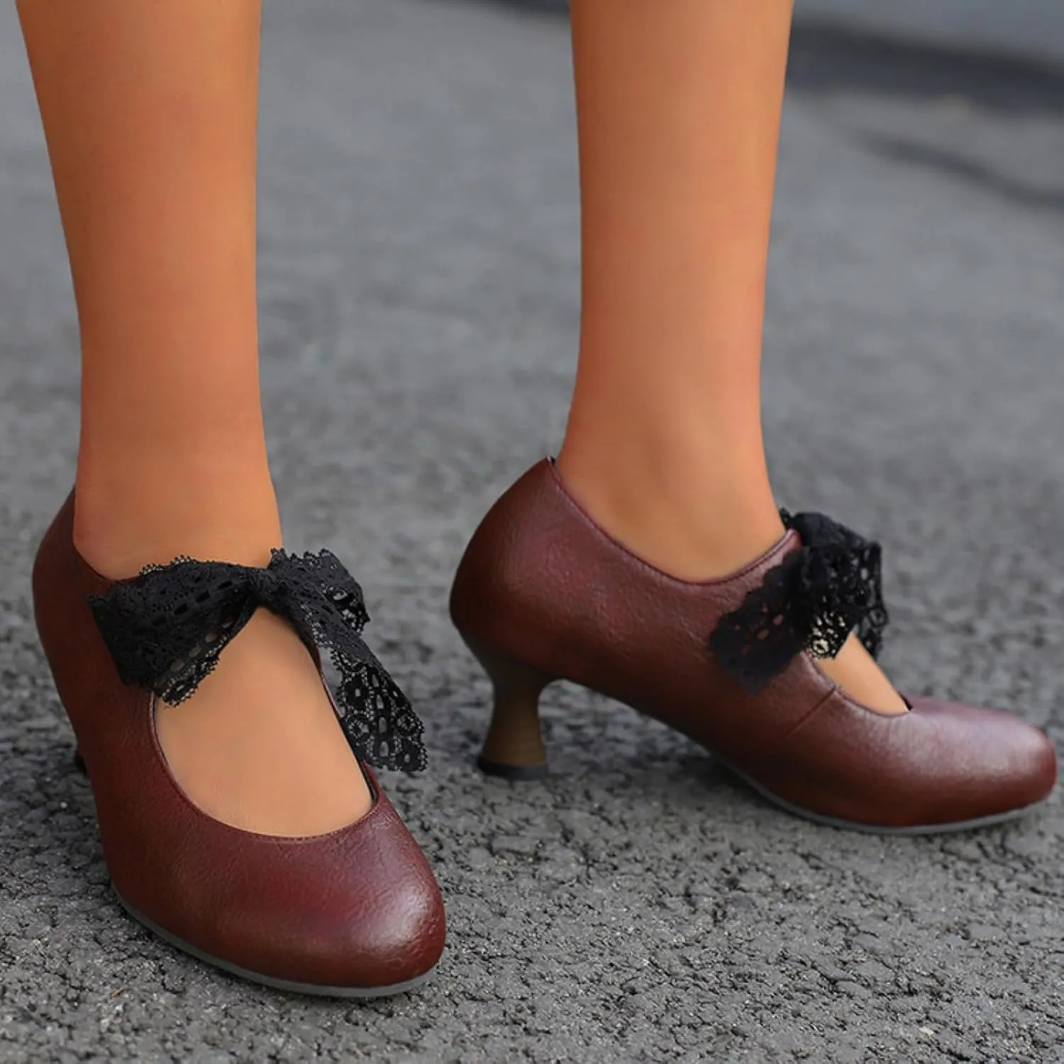 Women's Vintage Lace Up Hollow Out Mary Jane Pumps Closed Round Toe Low Kitten Chunky Heels Brogue Oxfords Shoes