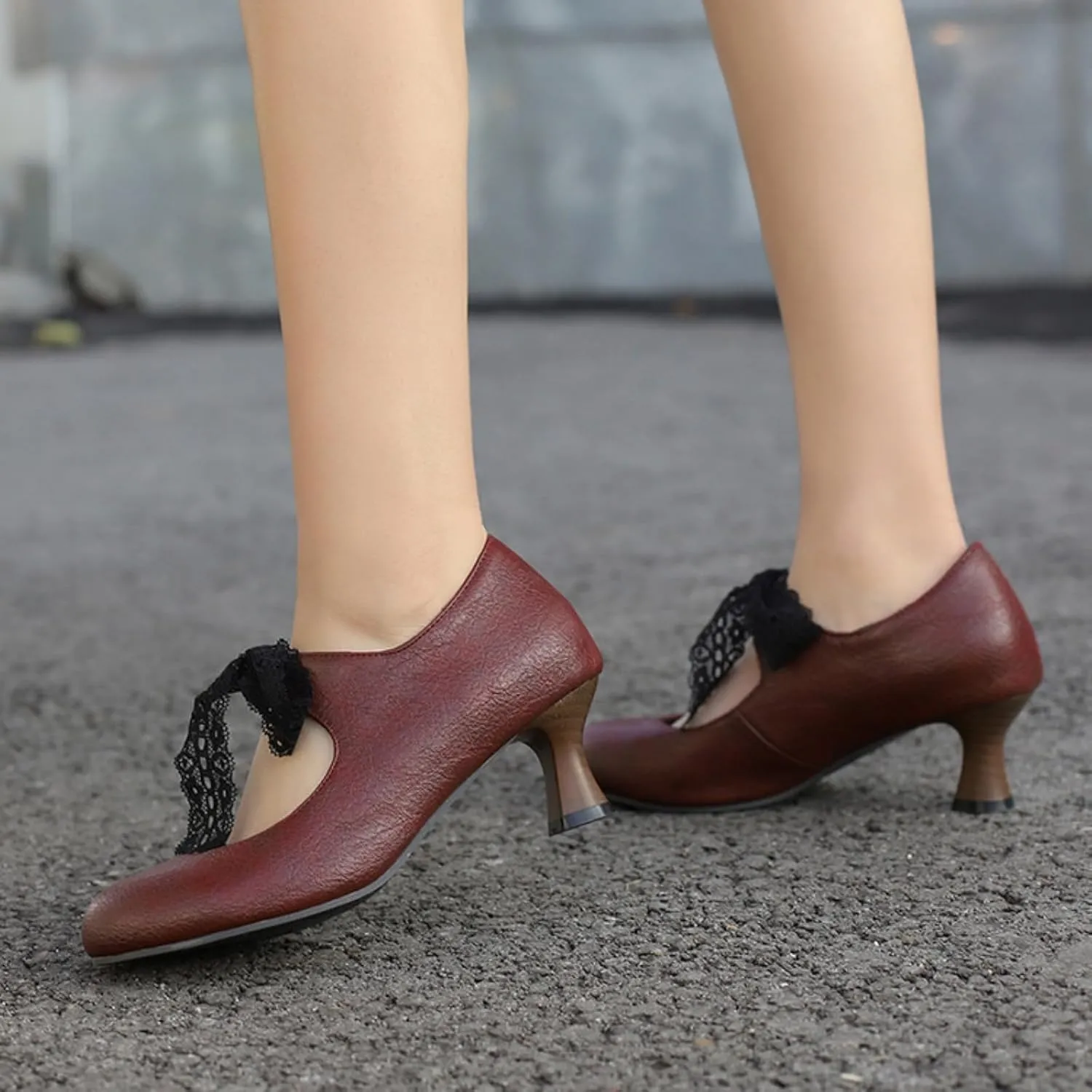 Women's Vintage Lace Up Hollow Out Mary Jane Pumps Closed Round Toe Low Kitten Chunky Heels Brogue Oxfords Shoes