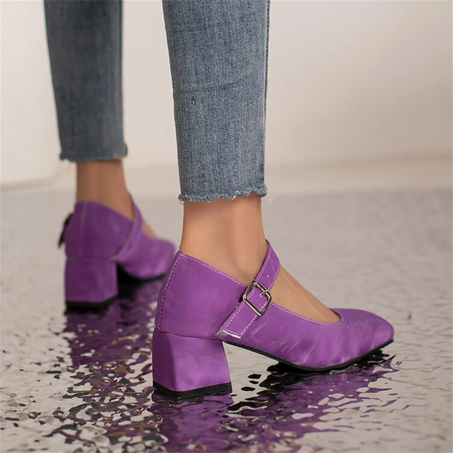 Work Shoes Women Non Slip Mary Jane Closed Toe Chunky Heels Square Toe Dress Shoes T Strap Block Pumps