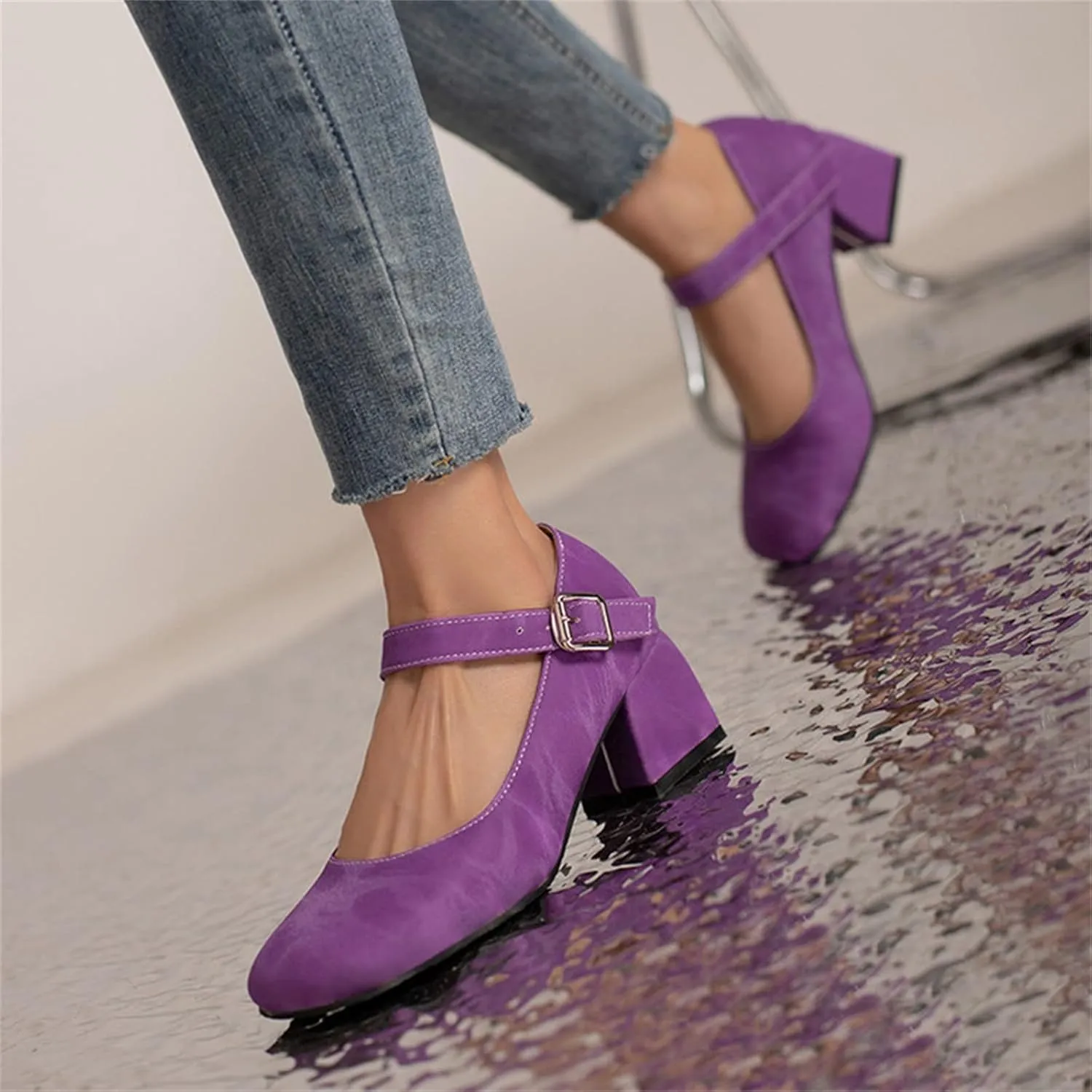Work Shoes Women Non Slip Mary Jane Closed Toe Chunky Heels Square Toe Dress Shoes T Strap Block Pumps