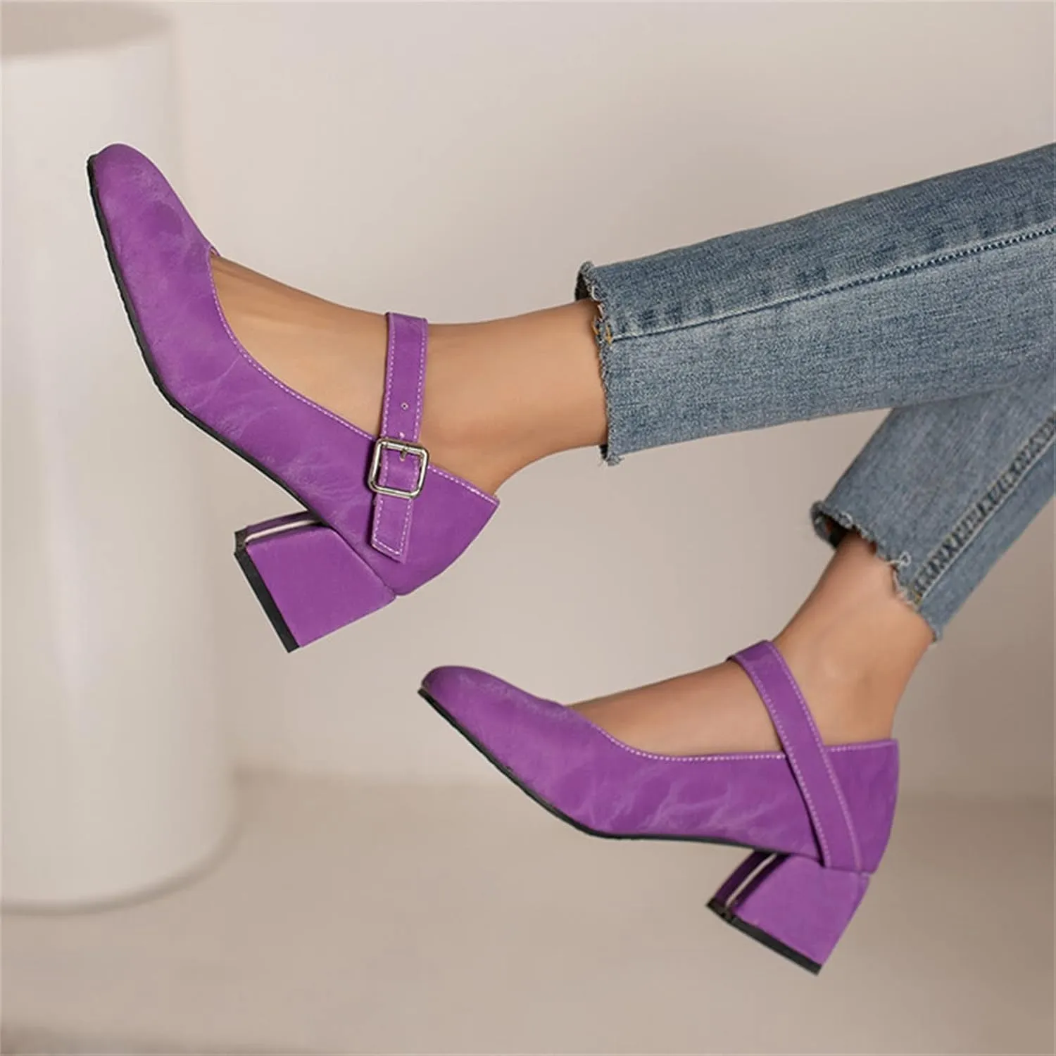 Work Shoes Women Non Slip Mary Jane Closed Toe Chunky Heels Square Toe Dress Shoes T Strap Block Pumps